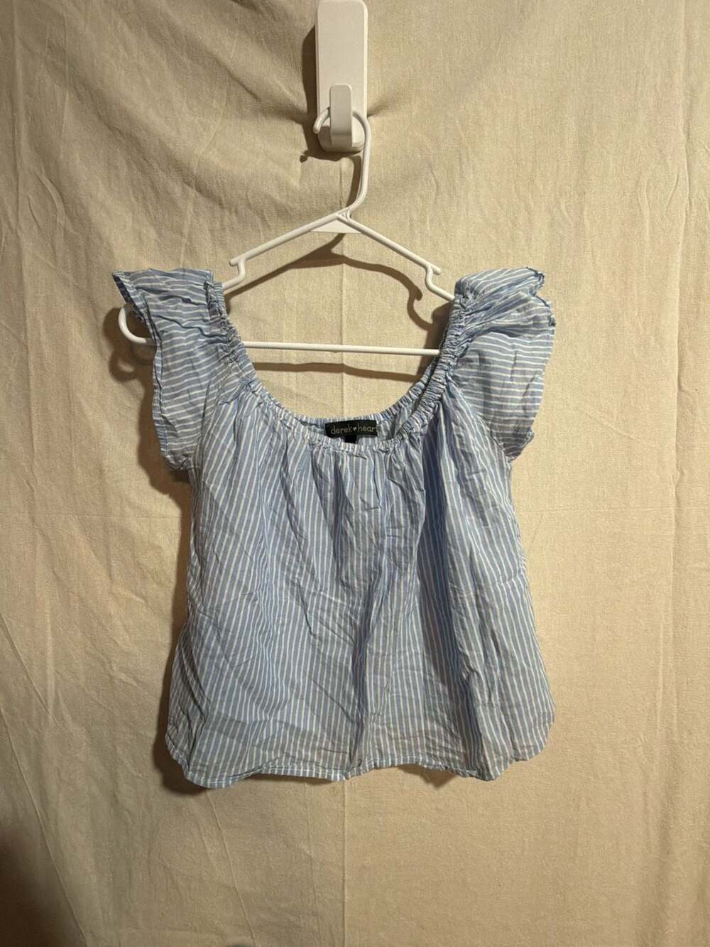 Derek Heart Blue and White Striped Ruffle Sleeve Square Neck Top
